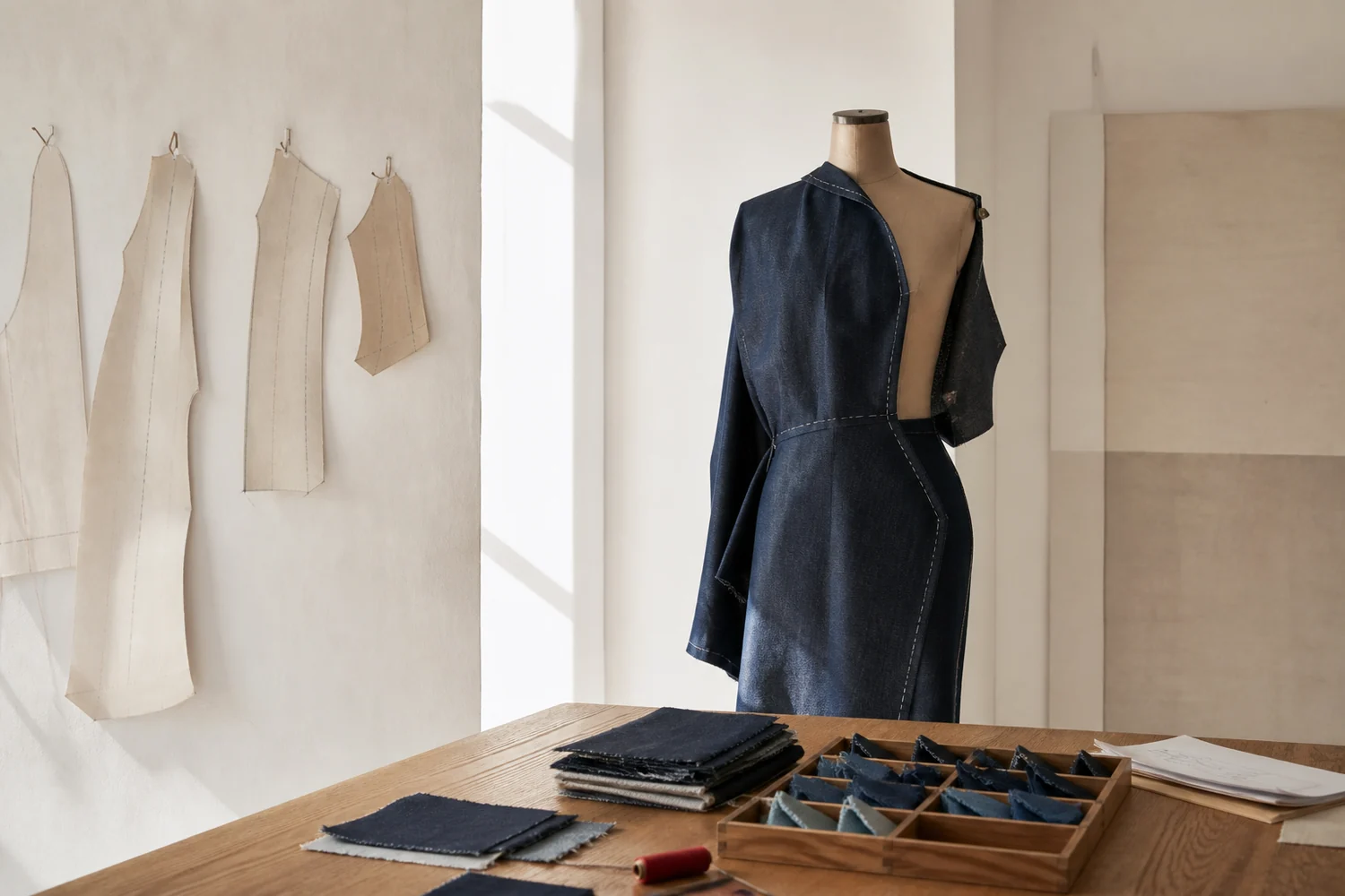 Denim design studio with draped toile and material archive