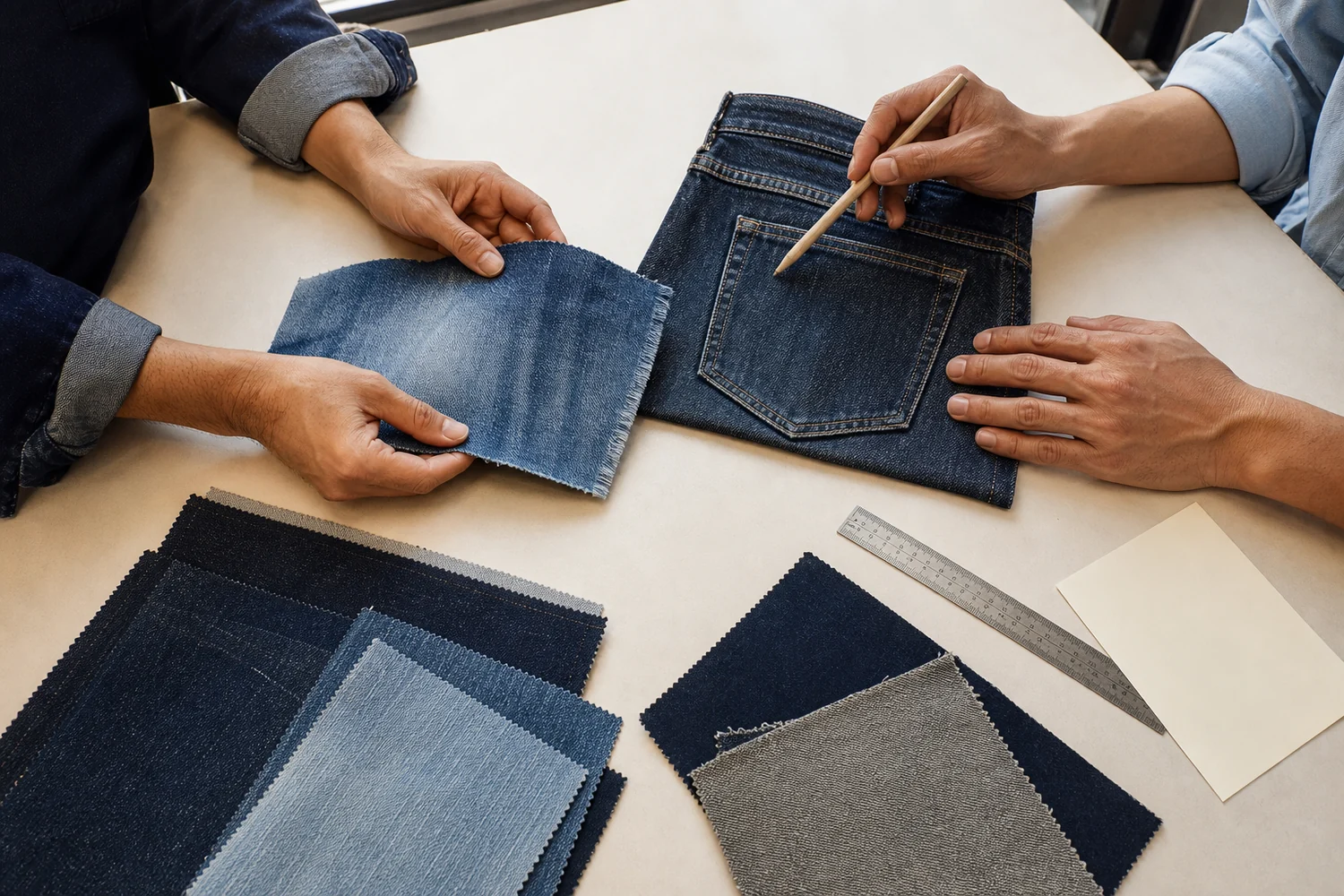 Designers reviewing denim samples together