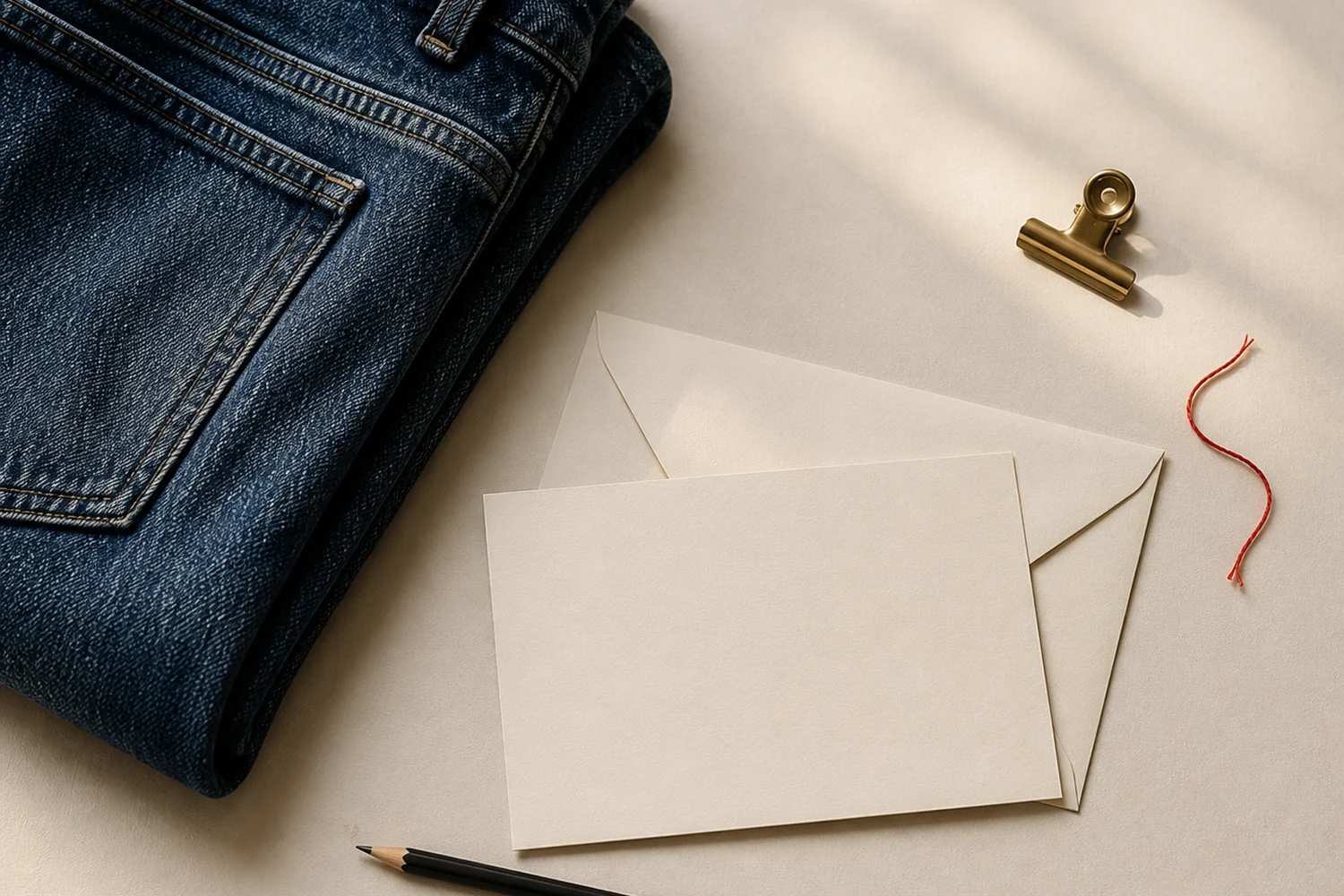 Washed denim and correspondence materials on a studio desk