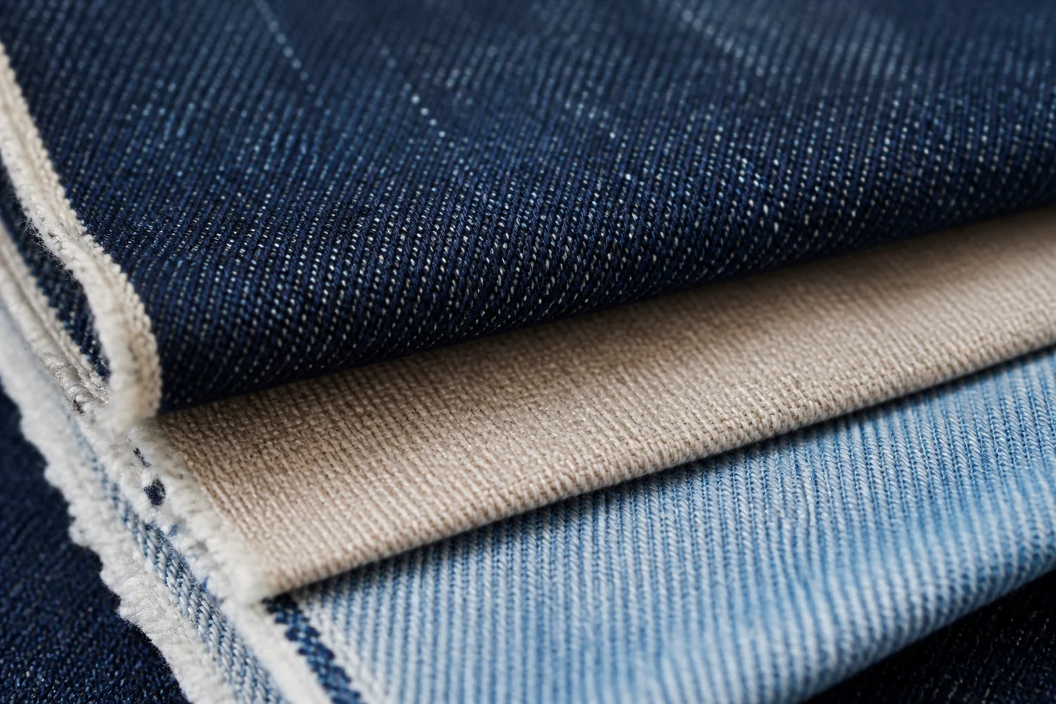 Macro view of indigo denim fabric textures