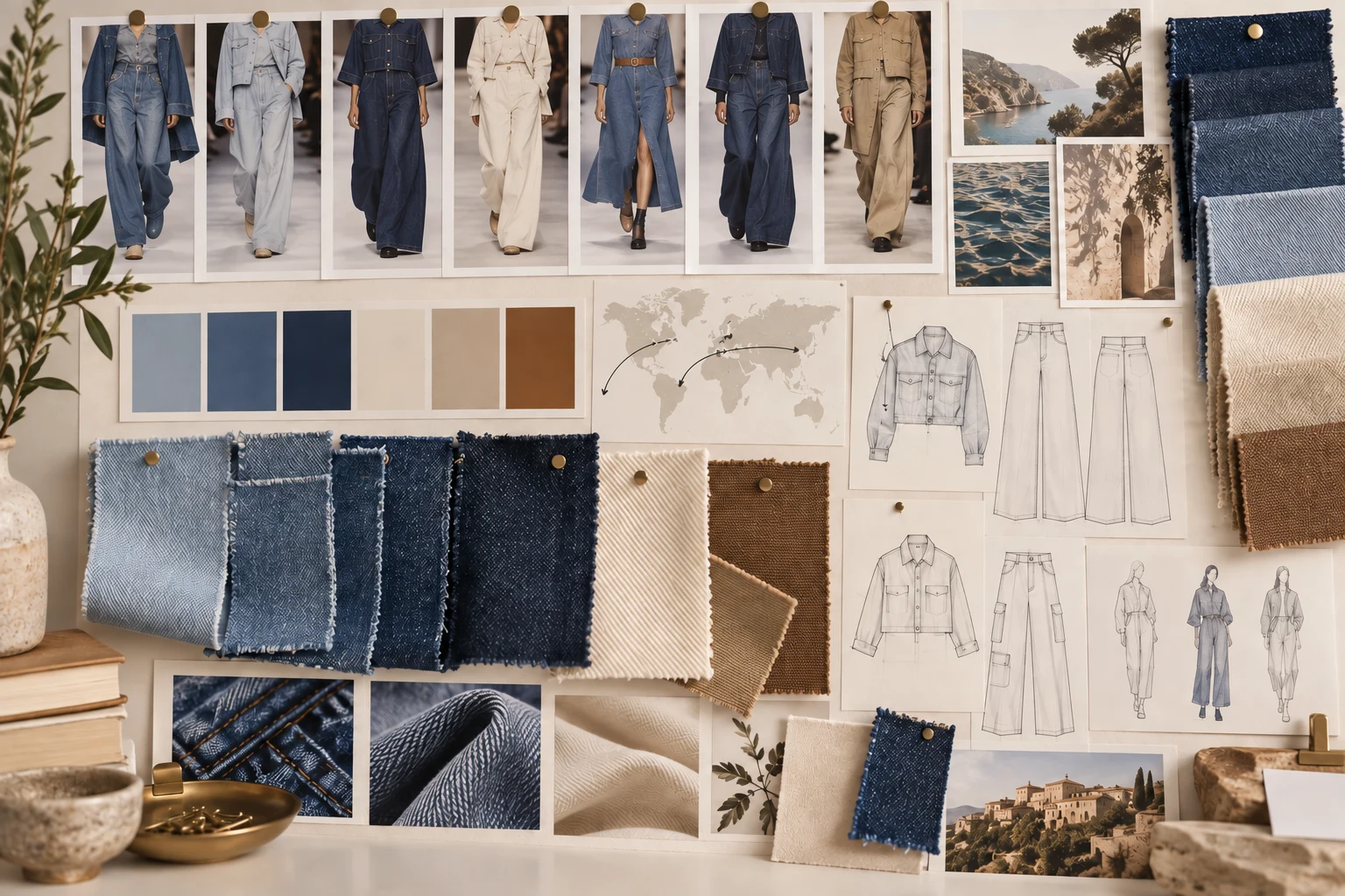 Pre-season denim trend moodboard with global collection references, color, fabric and silhouette studies