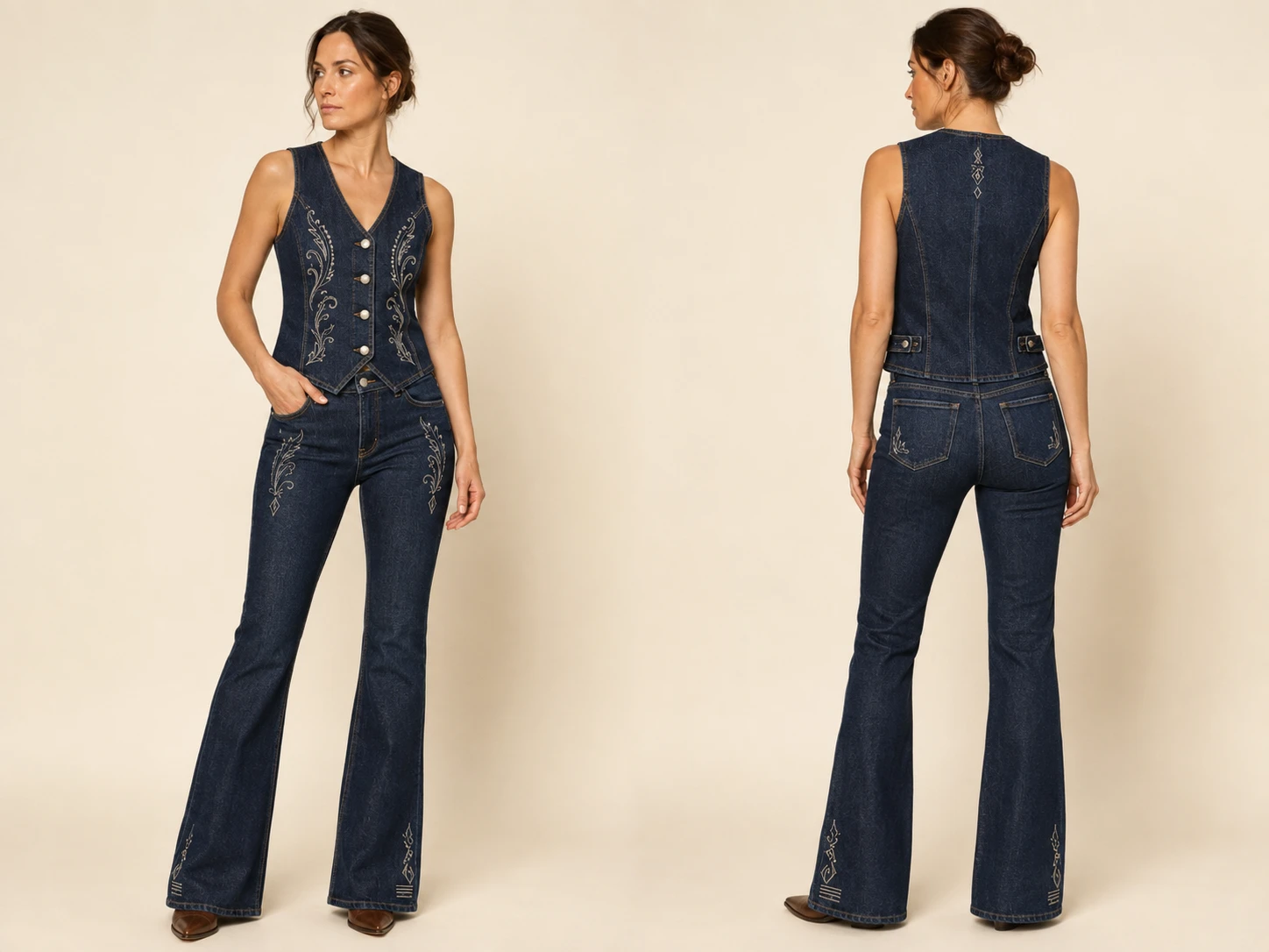 Digital front and back garment visualization: embroidered indigo denim vest and bootcut jeans
