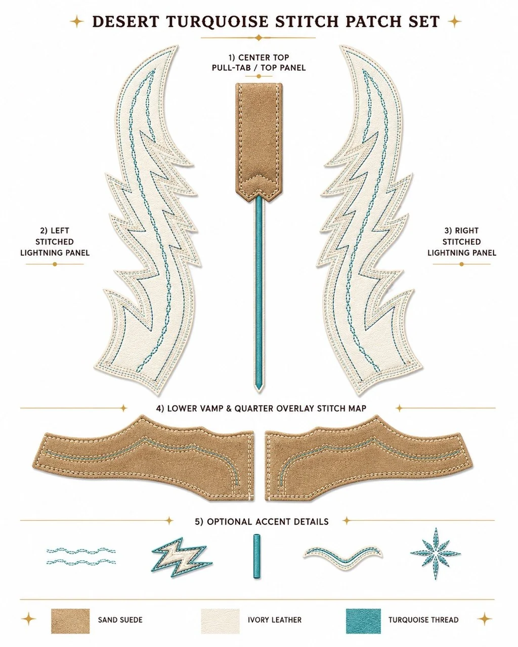 Sand suede ivory leather and turquoise stitch patch research sheet