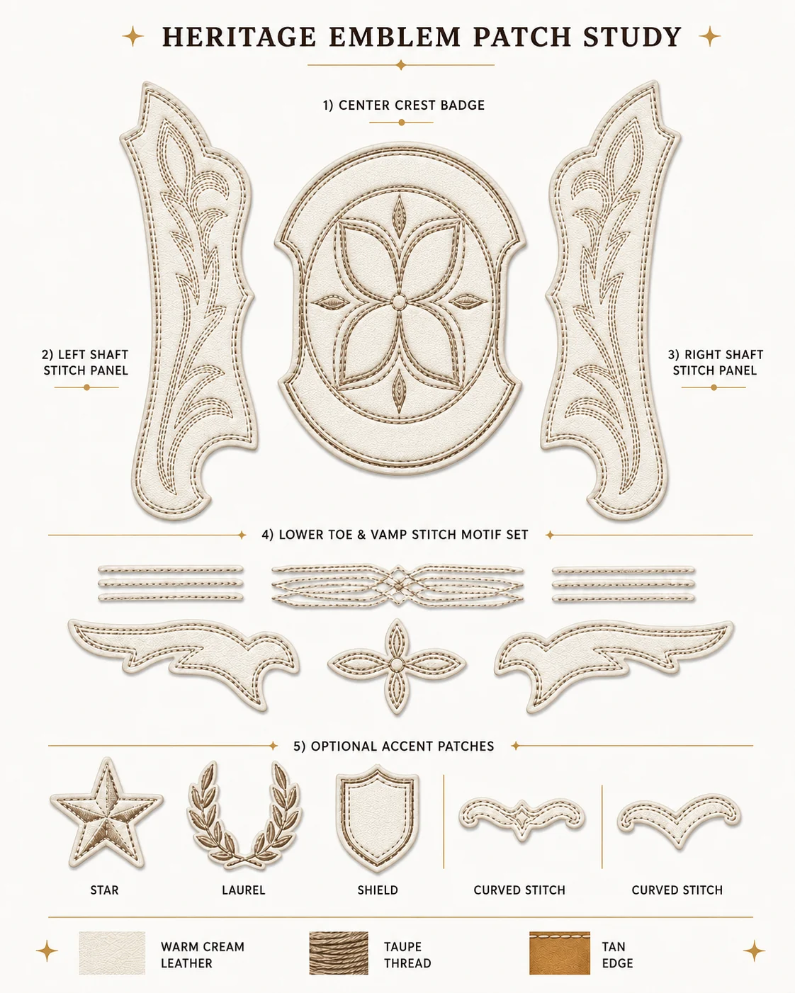 Neutral cream leather heritage emblem and stitch patch research sheet