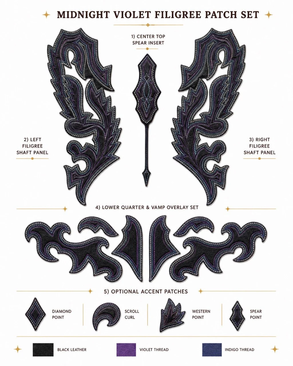 Black leather violet and indigo filigree patch research sheet