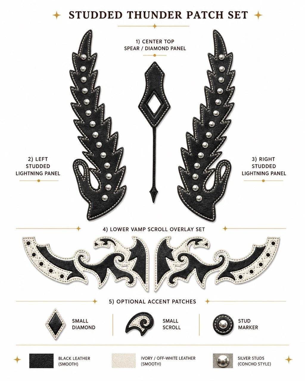 Black and ivory leather thunder patch research with silver studs