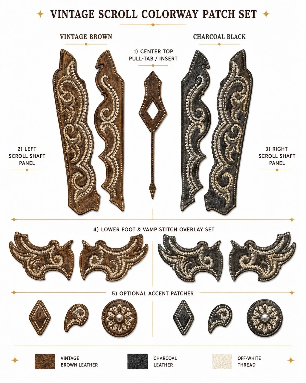 Vintage brown and charcoal western scroll leather patch research sheet
